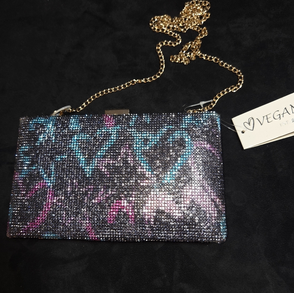VEGAN EST 2005 MINI PURSE Blue And Pink Hearts Beaded Look